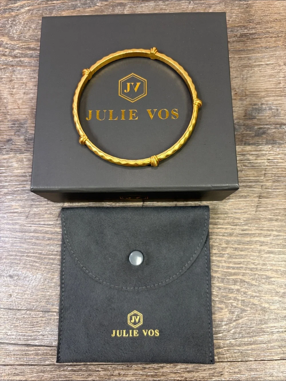 Julie Vos Gold Bamboo Bangle Bracelet Designer Jewelry w/ Box & Pouch